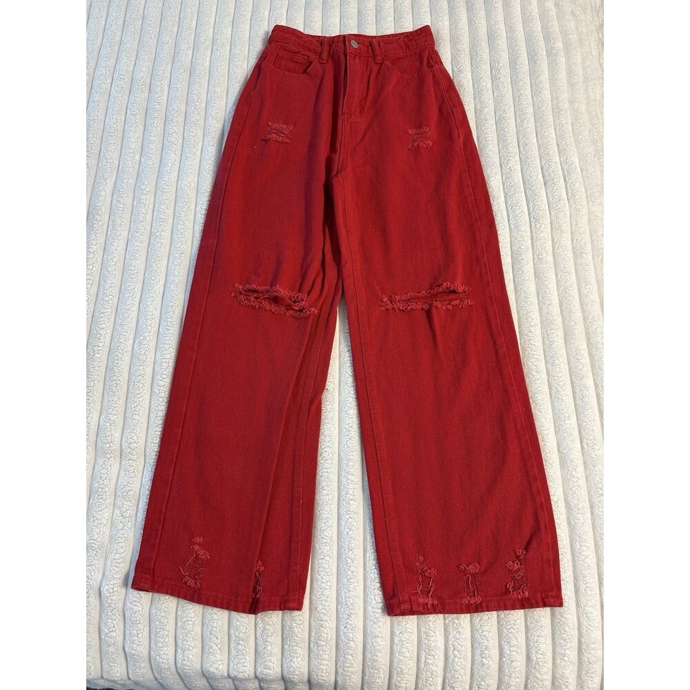 Fire truck Red Flared Jeans Distressed Women’s XS High Waisted Maximalist
